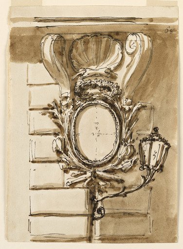 Oval frame for the facade of a house, with lantern beneath