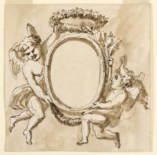 Oval frame supported by two angels