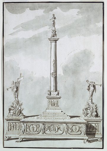 Inkstand with victory column flanked by figures of fame on top of military trophies