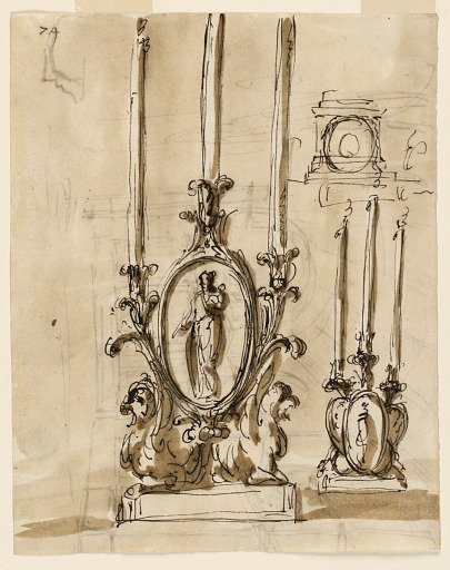 Recto: candlesticks; Verso: mausoleum in a church-like hall