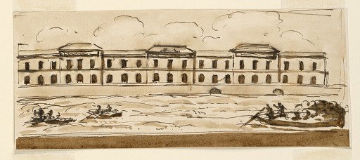 Elevation of a factory (?) at edge of river