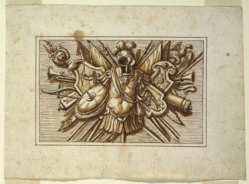 One of a set of trophies of weapons of war as a decoration of a horizontal panel.
