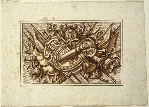 One of a set of trophies of weapons of war as a decoration of a horizontal panel