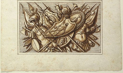 One of a set of trophies of weapons of war as a decoration of a horizontal panel