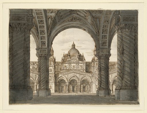 Stage Design, Church Facade from a Loggia, I due Valdomiri by Felice Romani, music by Pietro de Winter. Performed at La Scala, Milan, 1818