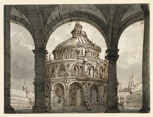 Stage Design, Atrium with the Temple of the Hospitallers for the Opera "La Straniera" by Vincenzo Bellini