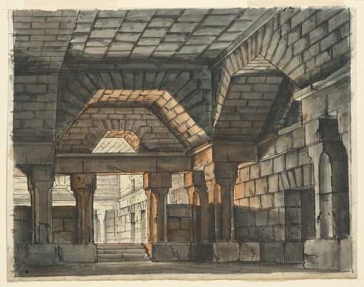 Stage Design, Fortified Castle Interior for "Ciro in Babilonia" by Gioachino Rossini, La Scala, Milan, 1818, "Prigione Sotterranea"