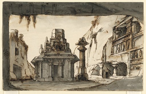 Stage Design, Oriental Buildings Amidst Caves and Rocks