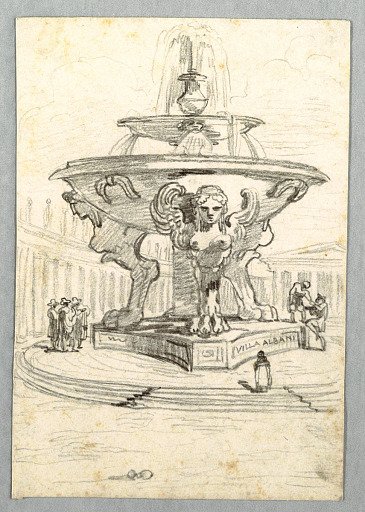 Fountain Supported by Three Harpies and Three Groups of People in Garden in Villa Albani, Rome