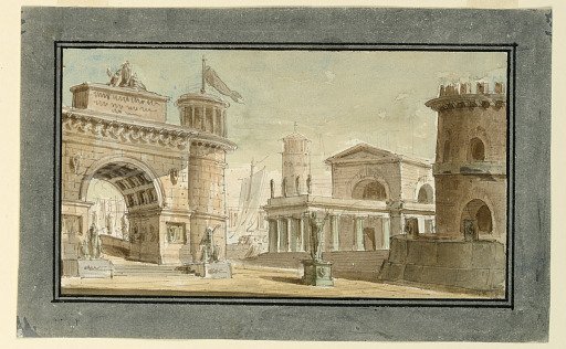 Stage Design, Group of Buildings Near Port
