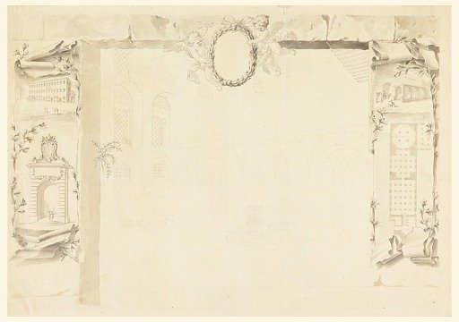 Unfinished design for a memorial sheet referring to erection of a papal factory (Magazins of Annona)