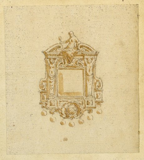 Design for brooch with woman holding mirror