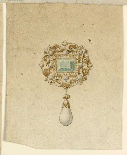 Design for brooch with green diamonds and pearls