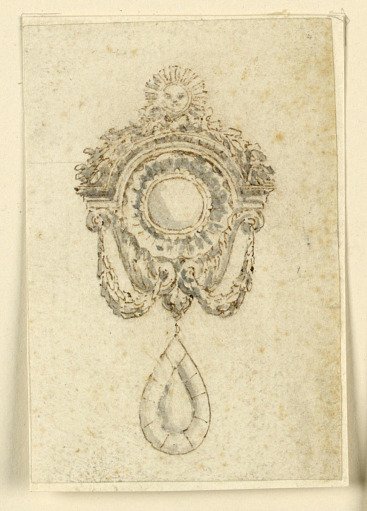 Design for brooch with hanging drop and sun face