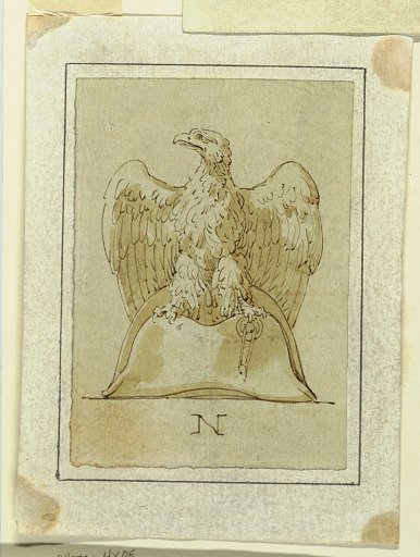Project: Eagle displayed, with inverted wings, standing upon a French bicorne hat