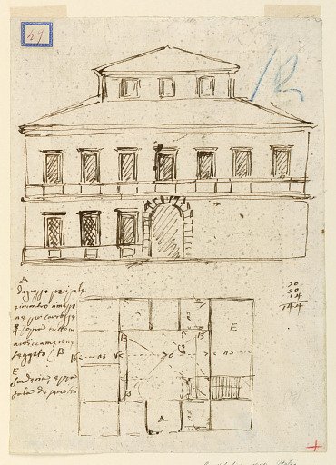 Elevation and ground floor plan of a mansion