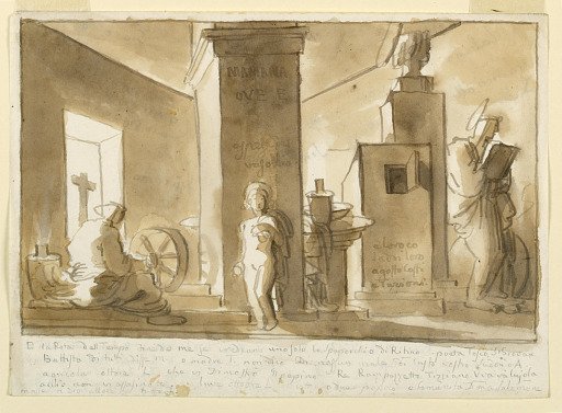 Interior Scene with Figure with a Wheel, Draped Figure, and Reading Figure