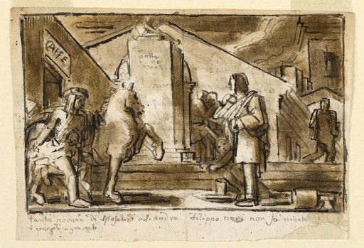 Urban Scene with Figures, Horse, and Monument