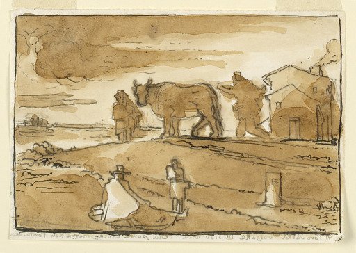 Rural Scene with Cow, Figures, and House
