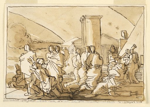 Sketch, Exterior Scene with Draped Figures and Classical Architecture