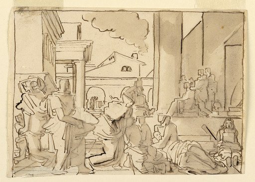 Sketch, Urban Exterior with Classical Architecture and Draped Figures