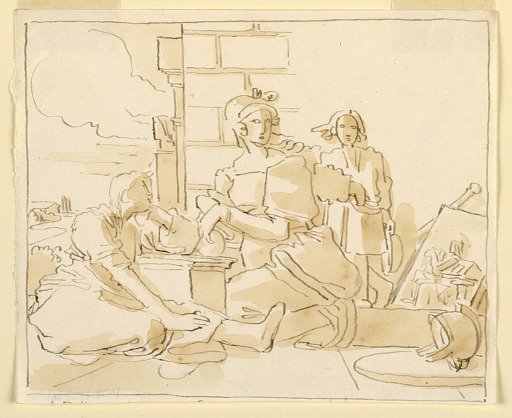 Sketch, Three Figures in Architectural Setting with Helmet and Shield