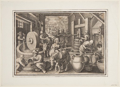 Oleum Olivarum (The Production of Olive Oil), plate 12 in the Nova Reperta (New Inventions of Modern Times)