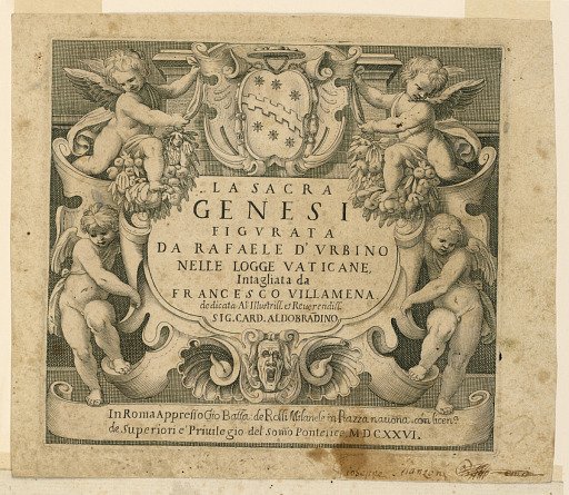 ''La Sacra Genesi figurata da Rafaele D'Urbino nelle logge vaticane'' (Title Page, Raphael's Genesis Frescoes in the Vatican Loggia)