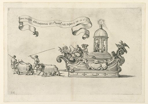A parade float in Reggio, Italy: "Carro trionfale della Confraternità del S.to Sacrame.to di S. Stefano" (The Triumphal Carriage of the Confraternity of the Holy Sacrament of St. Stephen). Plate 2a from A. Isacchi, "Relatione di Alfonso Isachi intorno l'origine, solennità, traslatione, et miracoli d