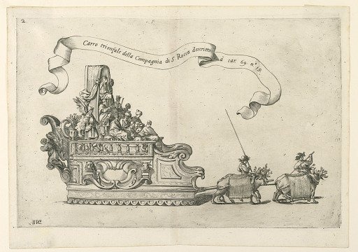A parade float in Reggio, Italy: "Carro trionfale della Compagnia di S. Rocco" (The Triumphal Carriage of the Company of St. Roch). Plate 2b from A. Isacchi, "Relatione di Alfonso Isachi intorno l'origine, solennità, traslatione, et miracoli della Madonna di Reggio [...]" published by Flaminio Barto