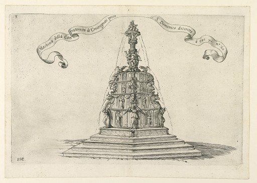 A fountain designed for a parade in Reggio, Italy: "Machina della Confraternità de' Crocesegnati presso S. Domenico" (The Apparatus of the Confraternity of the Sign of the Cross at the Church of St. Dominic). Plate 3 from A. Isacchi, "Relatione di Alfonso Isachi intorno l'origine, solennità, traslat