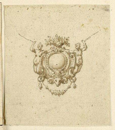 Design for escutcheon pendant with two women's and ram's head.