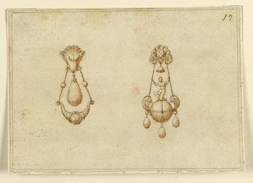 Design for two pendants with boar's head and hanging bell