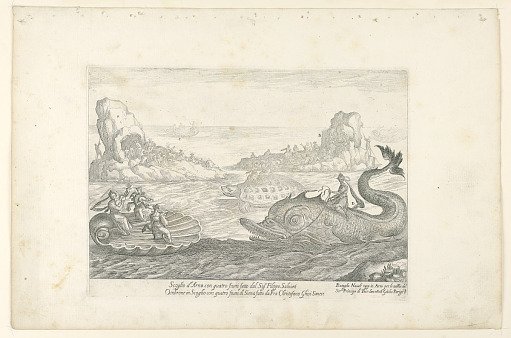 Scoglio d'Arno con quatro fiumi fatto dal Sig. Filippo Salviati... , from Vessels of the Argonauts for the Wedding Celebration of Cosimo de' Medici in 1608, plate 16