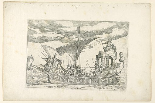 Agamennone et Menelao argn. condo da Vulcano, barca del Sig Scipione et Ottaviano Percelaghi, from Vessels of the Argonauts for the wedding celebration of Cosimo de' Medici in 1608, plate 13
