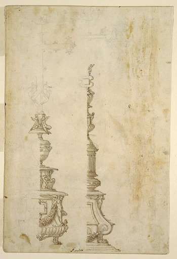 Two Designs for Altar Cross Bases; verso, Designs for Five Projects