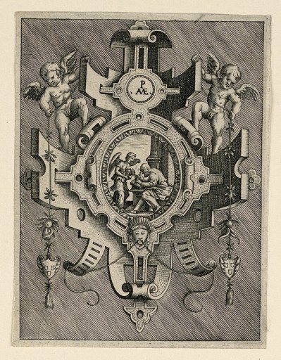 Scrollwork Escutcheon with Representation of Saint Matthew the Evangelist