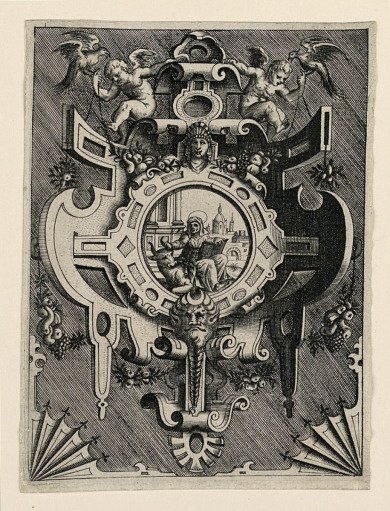 Scrollwork Escutcheon with Representation of Saint Luke the Evangelist