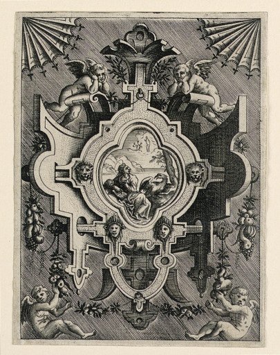 Scrollwork Escutcheon with Representation of Saint John the Evangelist