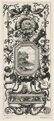 Ornamental Panel Surmounted by the Crowned Head of a Woman and Two Peacocks, plate 6 from the Livre de Diverses Grotesques peintes dans le Cabinet et Bains de la Reyne Regente, au Palais Royale