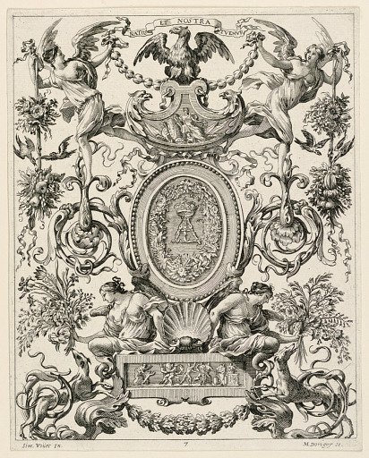 Ornamental Panel Surmounted by an Eagle and the Motto NATOS ET NOSTRA TUEMUR, plate 7 from the Livre de Diverses Grotesques peintes dans le Cabinet et Bains de la Reyne Regente, au Palais Royale