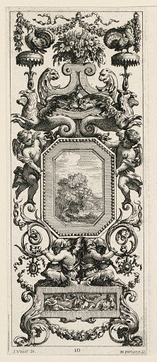 Ornamental Panel Surmounted by a Basket of Flowers and a Garland, plate 10 from the Livre de Diverses Grotesques peintes dans le Cabinet et Bains de la Reyne Regente, au Palais Royale