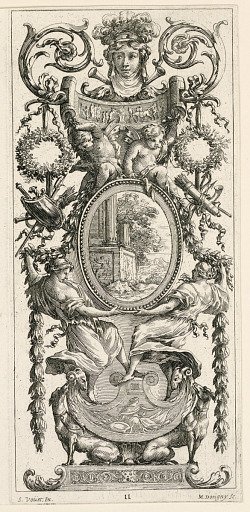 Ornamental Panel Surmounted with a Head Flanked by Foliage, plate 11 from the Ornamental Panel Surmounted with a Head Flanked by Foliage, from the Livre de Diverses Grotesques peintes dans le Cabinet et Bains de la Reyne Regente, au Palais Royale