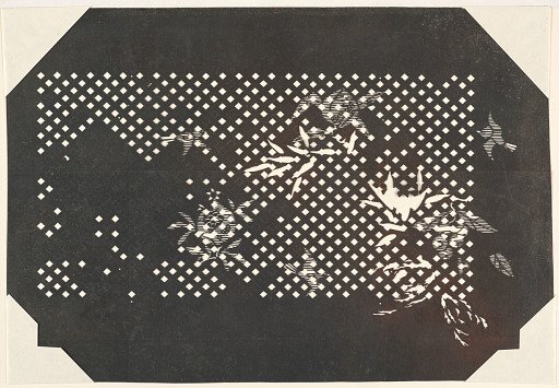 Sparrows and Bamboo leaves and other Blossoms on a Checked Pattern
