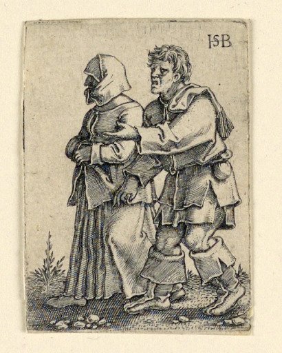 The Wedding Procession: Couple walking left, woman wearing a bonnet