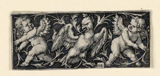 Frieze with two putti fleeing from an eagle