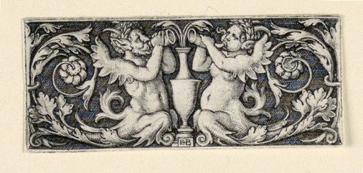 Frieze with a vase flanked by male and female Tritons
