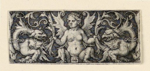 Frieze with winged female figure and two grotesque roosters