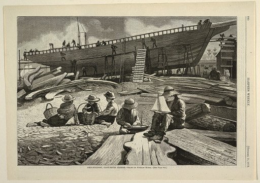Ship-Building, Gloucester Harbor, from Harper's Weekly, October 11, 1873, p. 900