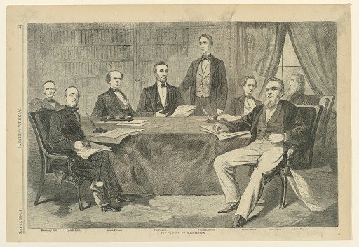 President Lincoln and His Cabinet Members at Washington, D.C., from Harper's Weekly, July 13, 1861, p. 437.